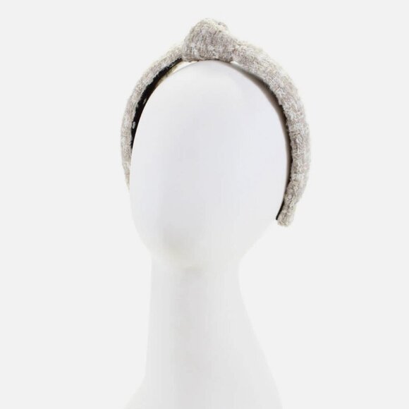 RARE Lele Sadoughi Timeless Beige Tweed Slim Knotted Headband Gold Logo NWOT - Picture 7 of 9